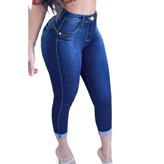 Calça Capri Jeans Feminina Com Costura Levanta Bumbum e Lycra em Oferta na Shopee