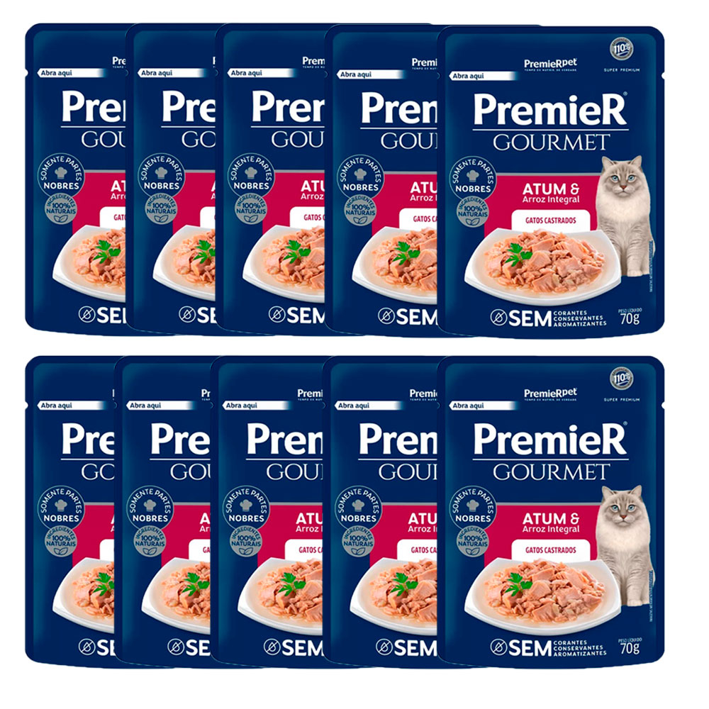 Kit 10un Rações Úmidas Sachê Premier Gourmet Gatos Castrados Atum e Arroz Integral 70g