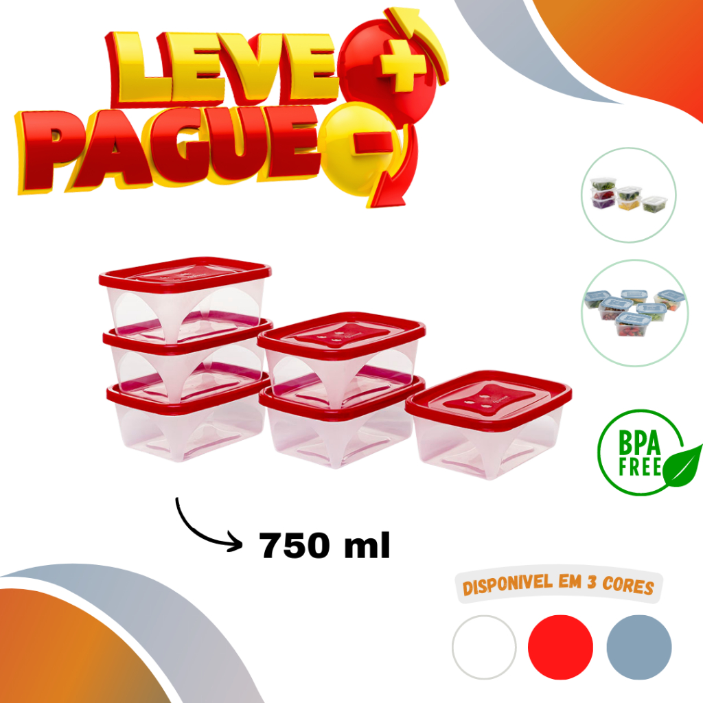 Kit 6 Potes 750ML Plásticos Potinhos Com Tampa -  Free BPA - LEVE 6 PAGUE 5