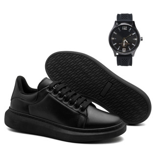 Tenis Sport Fino Solado Alto 3cm Elástico Sneaker Preto Sola Antiderrapante + Relógio Ponteiro