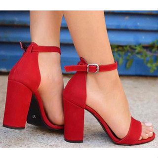 Sandalia Feminina Vermelho Camurça Outras Cores Bico Redondo Salto Alto Bloco