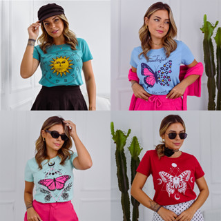 Kit 5 T-shirt Feminina Blusa Baby Look Camiseta Blusinha