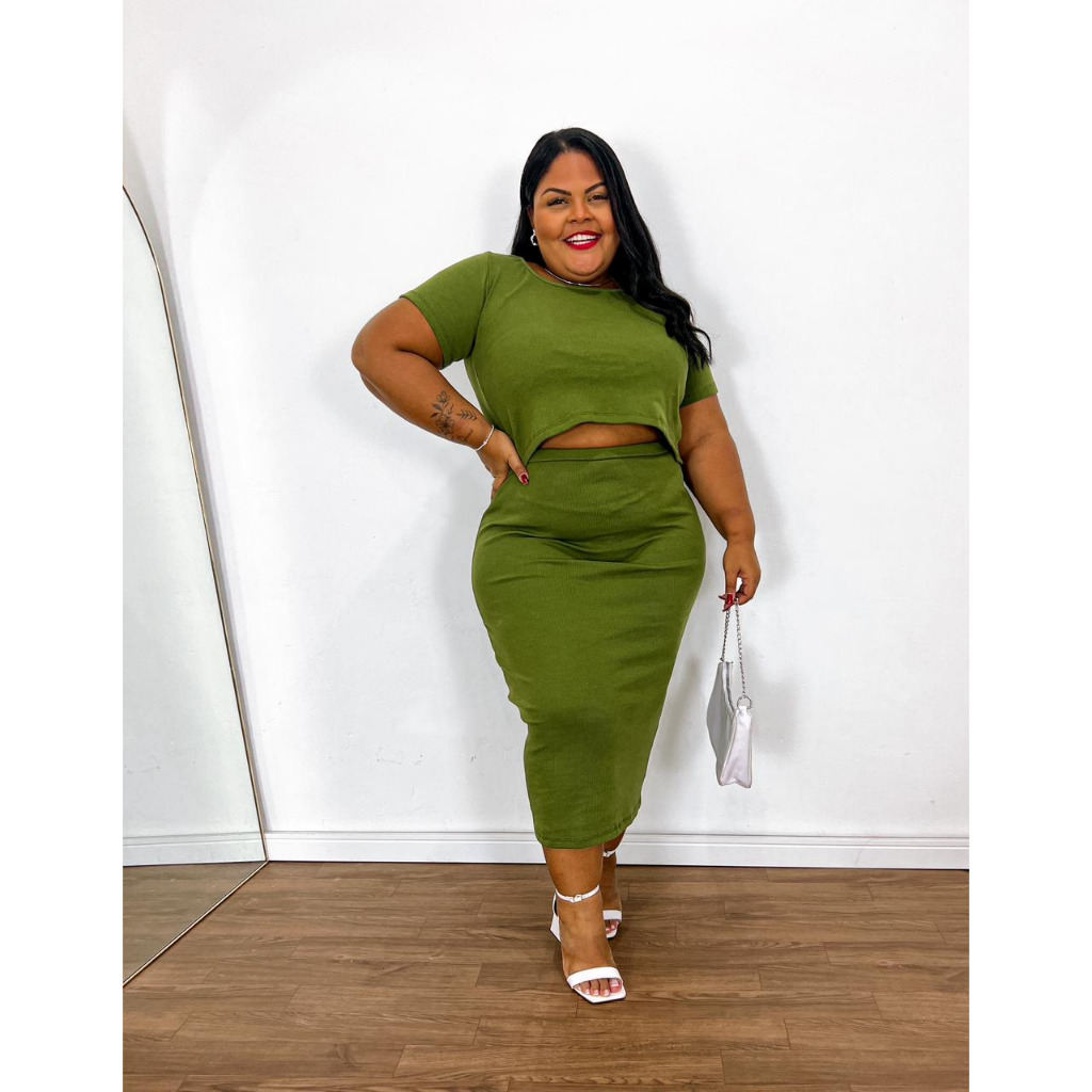 CONJUNTO JOJÔ COM CROPPED MANGA CURTA + SAIA MIDI EM SUP,LEX PLUS SIZE 46 AO 64
