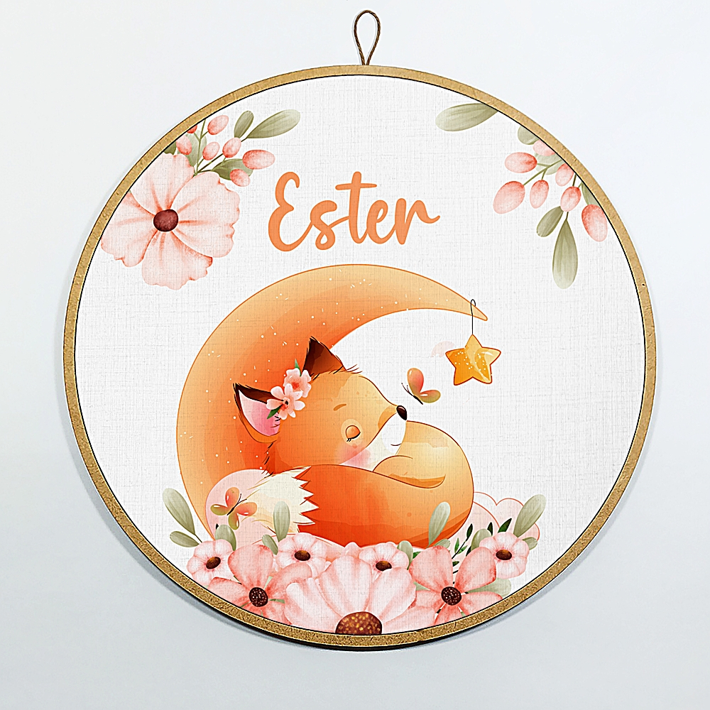 Decoração Enfeite Bastidor Porta Maternidade Quadro Quarto de Bebê Raposinha Fox B-6