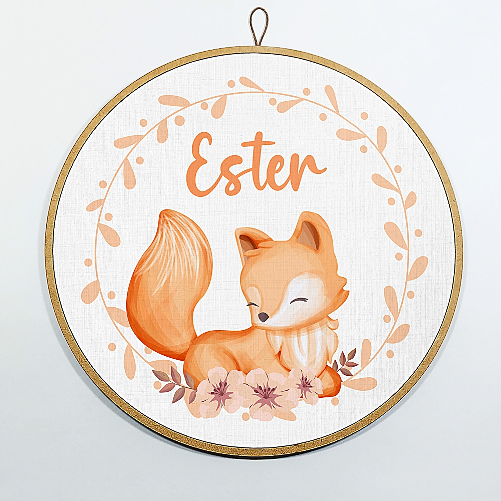 Decoração Enfeite Bastidor Porta Maternidade Quadro Quarto de Bebê Raposinha Aquarela B-8