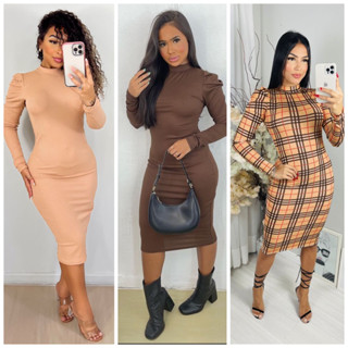 Vestido inverno manga longa princesa golinha xadrez Nude marrom mídi
