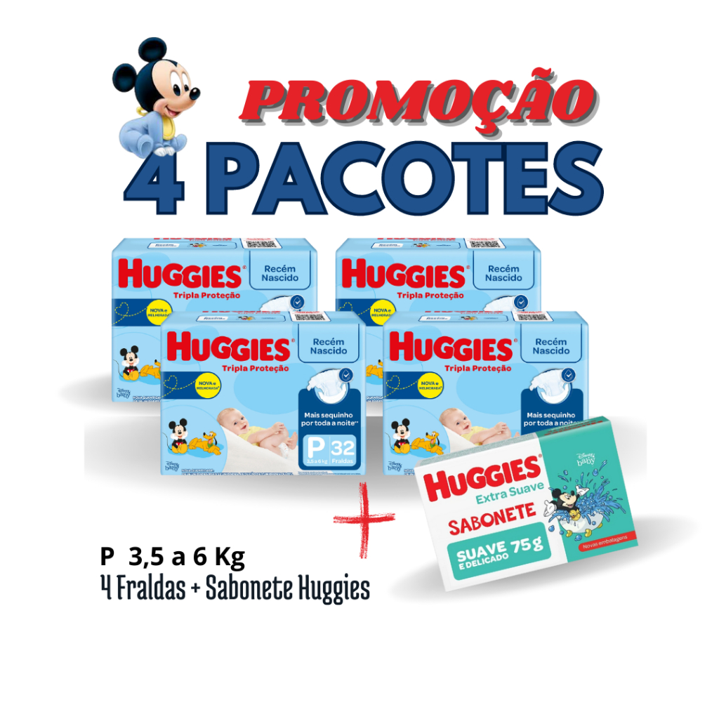 Kit 4 Fraldas Huggies P Tripla Proteção + Sabonete Huggies - Total 128 Fraldas Descartaveis