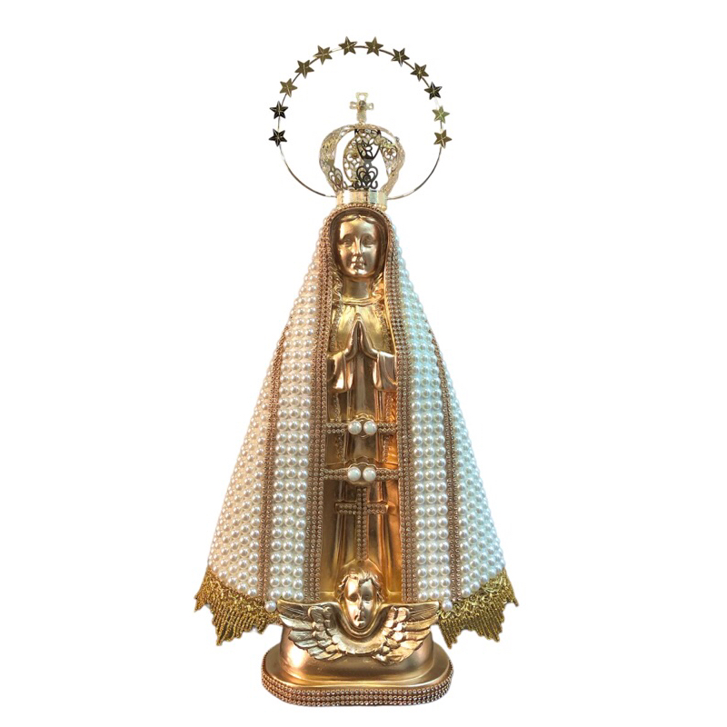 Nossa Senhora Aparecida 45cm Dourada com Pérolas Beges, Strass e Coroa Resplendor Folheada.