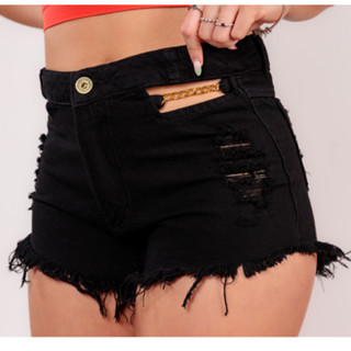 Shorts Jeans Feminino Correntinha Preto