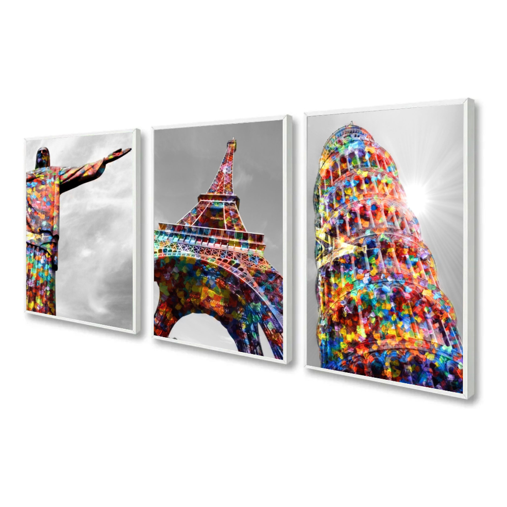 kit 3 quadros cristo redentor paris torre eiffel londres roma pisa colorido com molduras