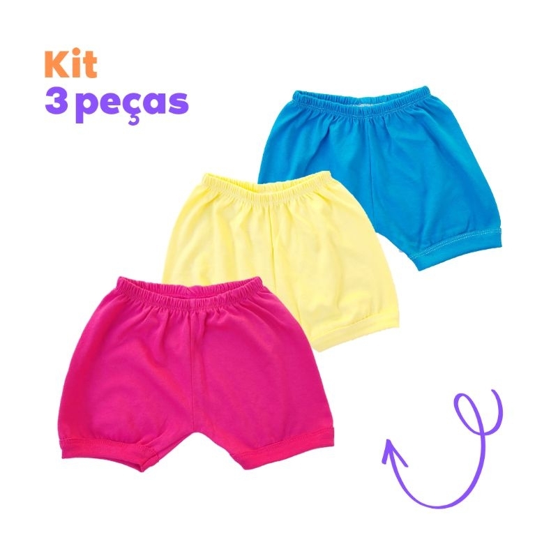Kit 3 shorts bebê - Suedine 100% algodão em Oferta na Shopee