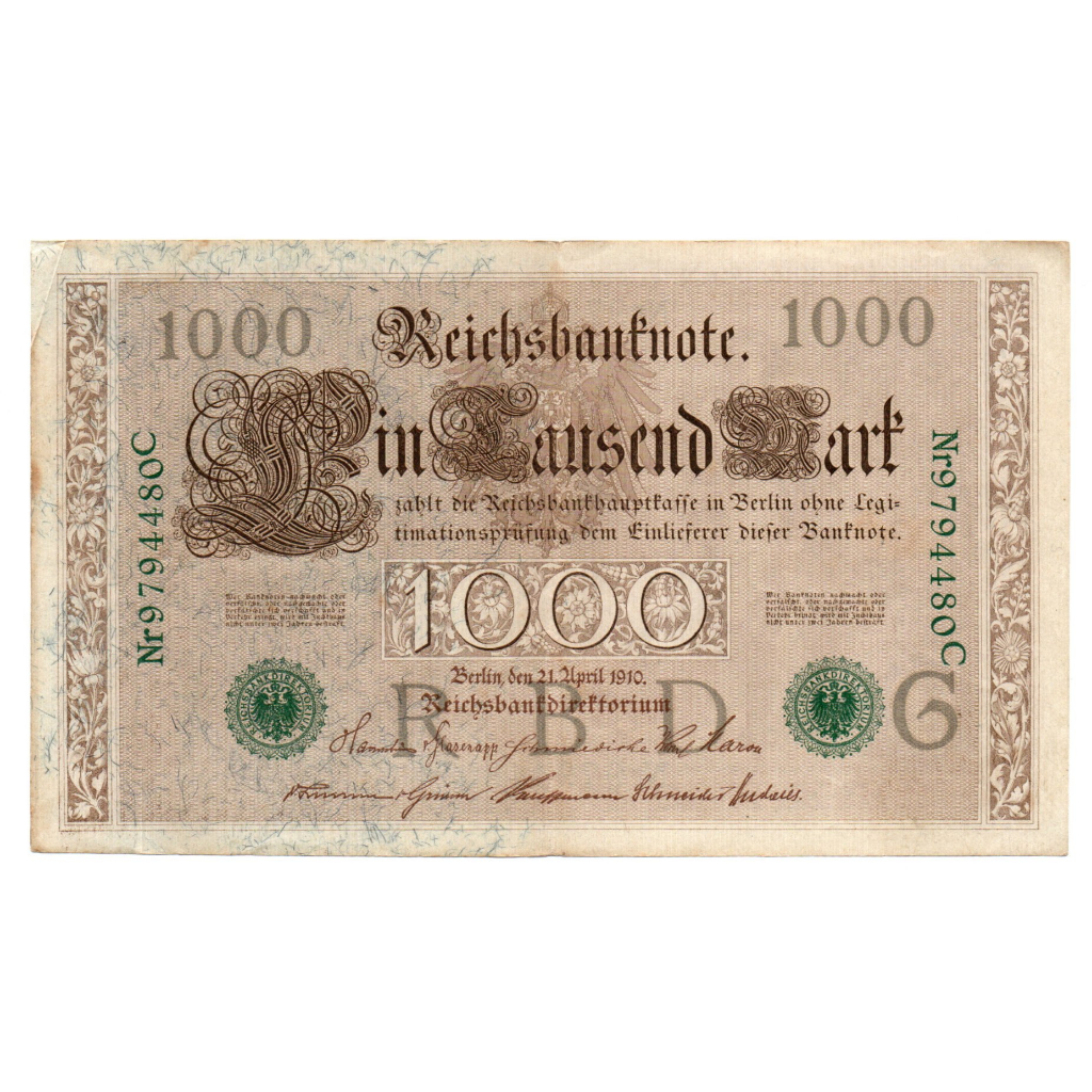 Cédula do Império Alemão 1000 Marcos 1910 - Cédula Grande Selo Verde
