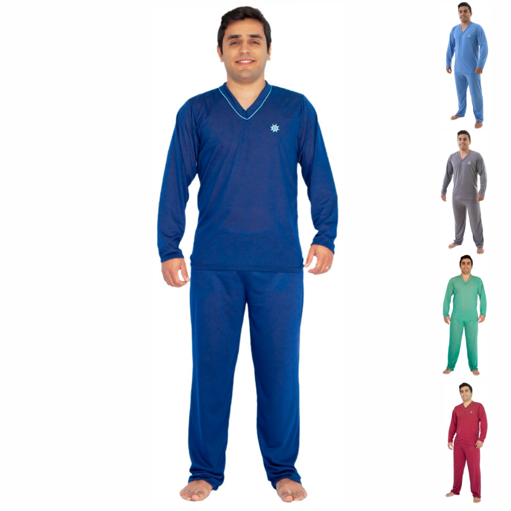 Pijama Longo Masculino Manga Comprida e Calça Malha Macia Cor Lisa