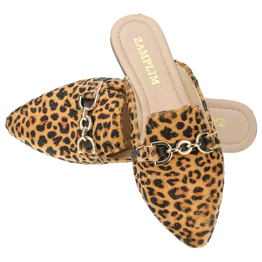 Mule Sandália Sapatilha Bico Fino Rasteira Enfeite Correntinha Confortável Moda Feminina Em Cores