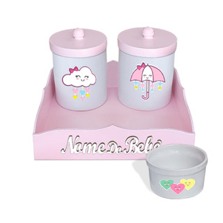 Kit higiene Bebe Nuvem em Porcelana Menina Maternidade Potes e Bandeja na Cor Rosa