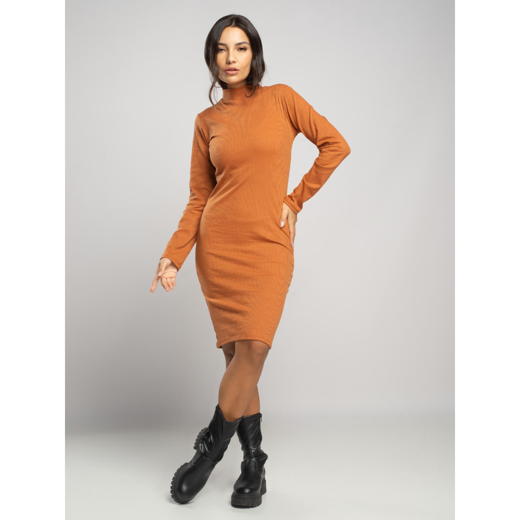 Vestido Midi Gola Alta Manga Longa Comprida Ribana Canelada Tubinho Evangelica Conforto