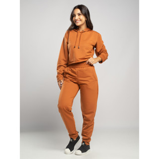 Conjunto Vicbela Casaco Cropped Capuz e Calça Moletinho Jogger Cintura Média Casual Femini...