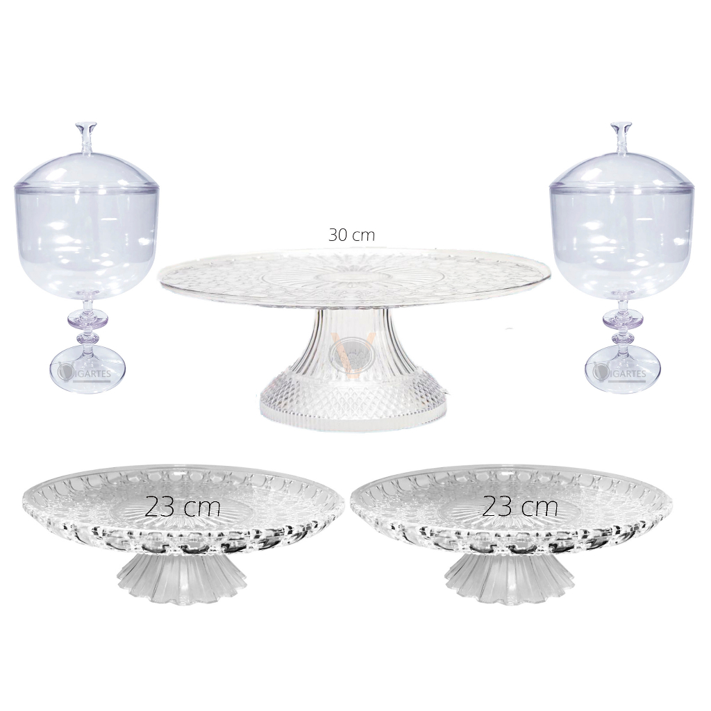 Kit com 1 Boleira de 30 cm e 2 Boleiras Acrílico  23cm,  2 Taça com Tampa