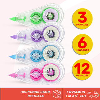 Fita Corretiva com 6 Metros Jocar Office Azul, Verde, Rosa e Lilás Kit com 3, 6 ou 12 correção instantânea, não borra em Oferta na Shopee