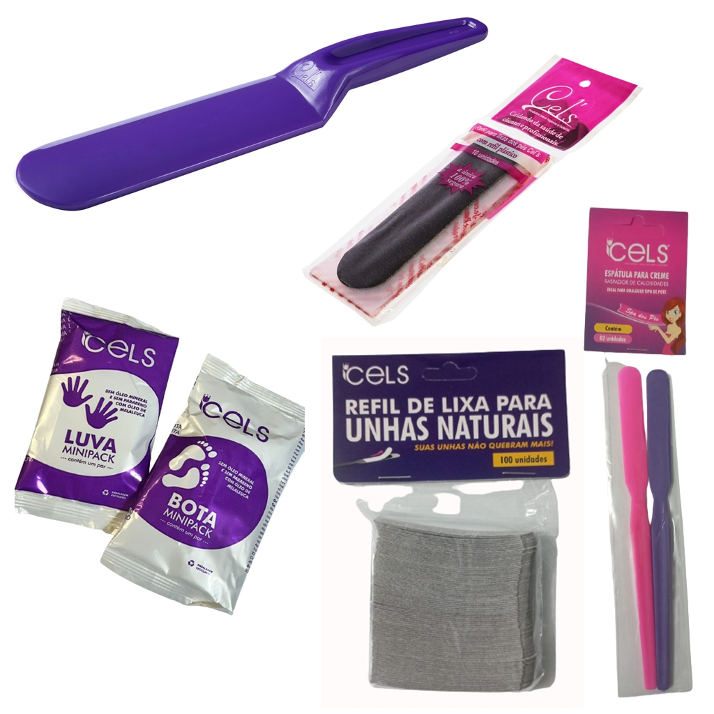 Kit Manicure/Pedicure: 1 Base Refil Lixa Pés + 1 Refil Plástico com 10 Unidades + 1 Par de Botas + 1 Par de Luvas com creme +  2 Bases Lixa + 100 Unidades de Refil Lixas Para Unhas Naturais + Cels