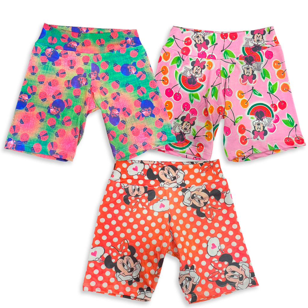 Kit 03 Shorts Bermuda Legging Infantil Menina Estampado Desenhos Sortidos 4-10