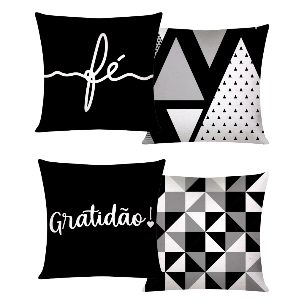 Kit c/ 04 Capas de Almofada Decorativas Modern Print 45x45 - Gratidão Preta