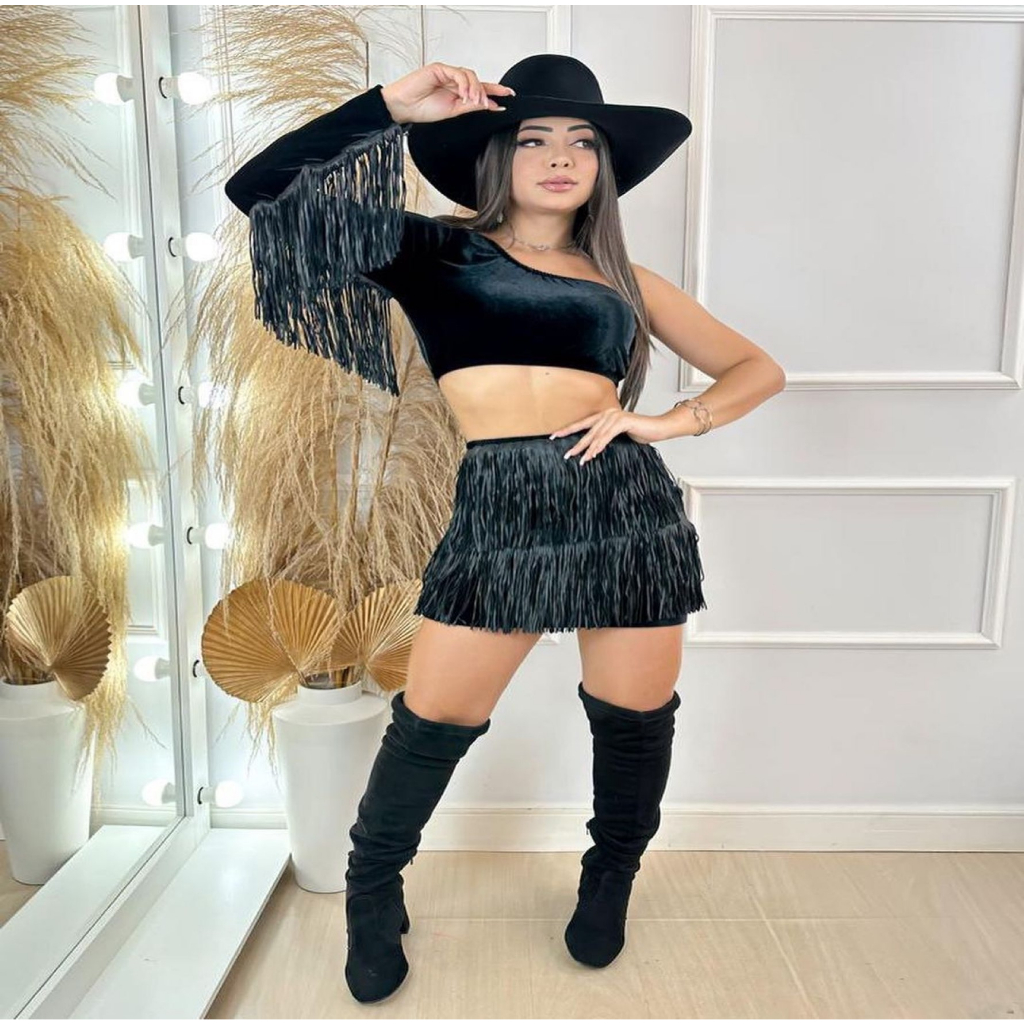 Conjunto Feminino Veludo Cropped + Saia Franjas Moda Country Rodeio Boiadeira Rodeio Balada Festa