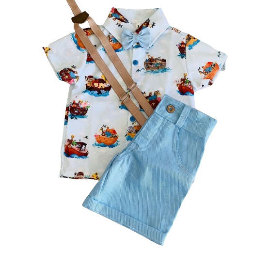 Roupa Conjunto Temático Arca de Noé festa menino Camisa Gravata Bermuda e Suspensório Safari