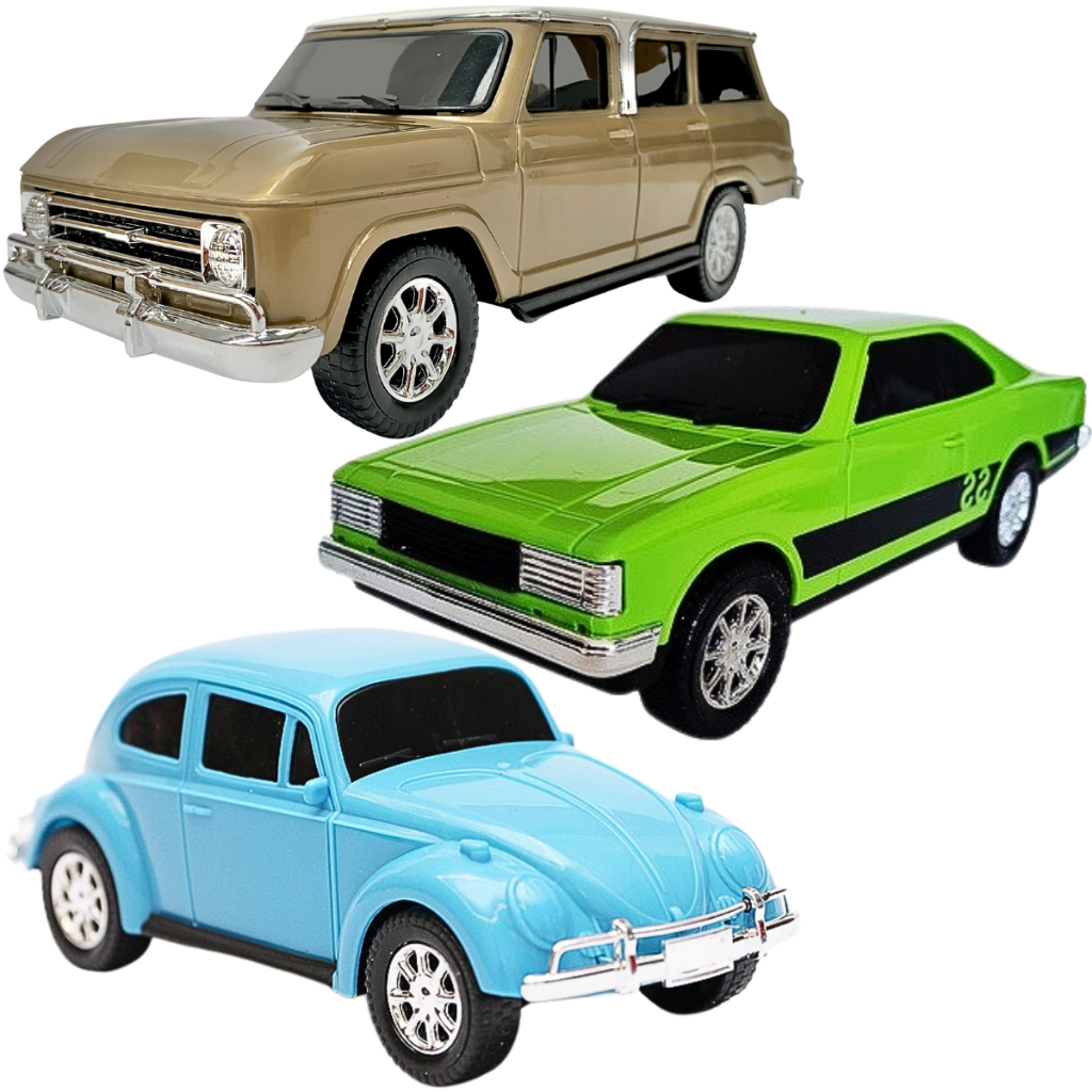 Kit 3 Carrinhos Retrô Coleção Miniatura Retrô Veraneio Fusca Opala Carros Miniatura