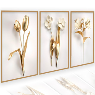 Quadros Decorativos 3 Peças Dourado Floral 3D Grande Quarto Casal Sala Promoção