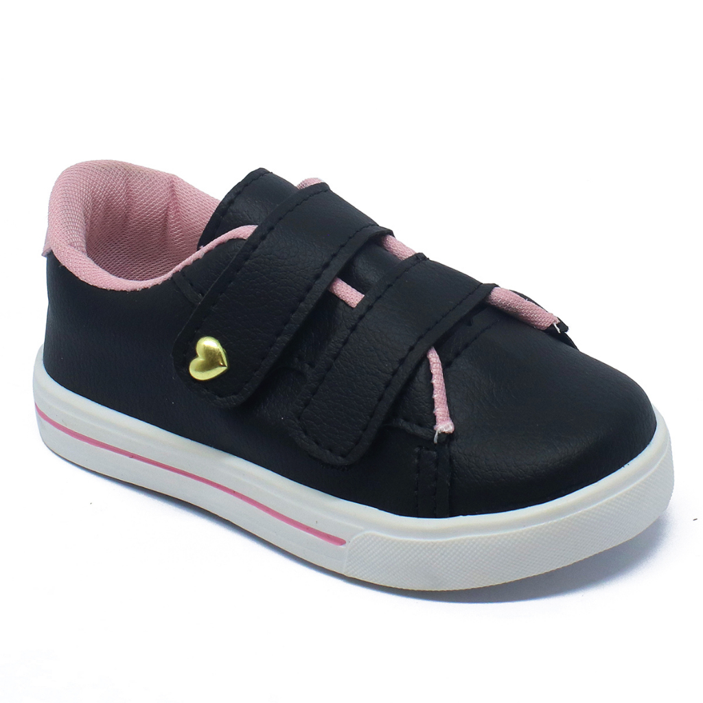 Tênis infantil feminino preto de velcro básico escolar em Oferta na Shopee