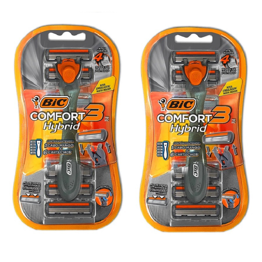 Kit 02 Aparelho de Barbear Bic Comfort 3 Hybrid 2 Aparelho + 12 Cartuchos (X6 Embalagens)