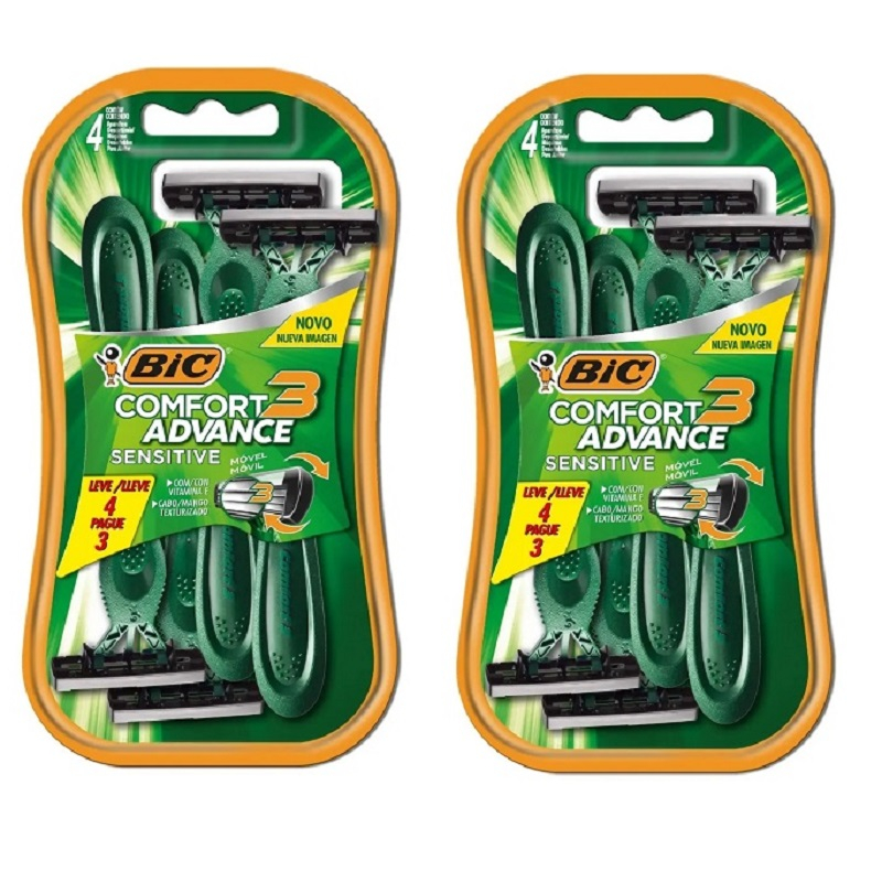 Kit 08 Un - Aparelho de Barbear BIC Comfort 3 Advance Sensitive, Pele Sensível, Fita Lubrificante, Verde, Barbeador