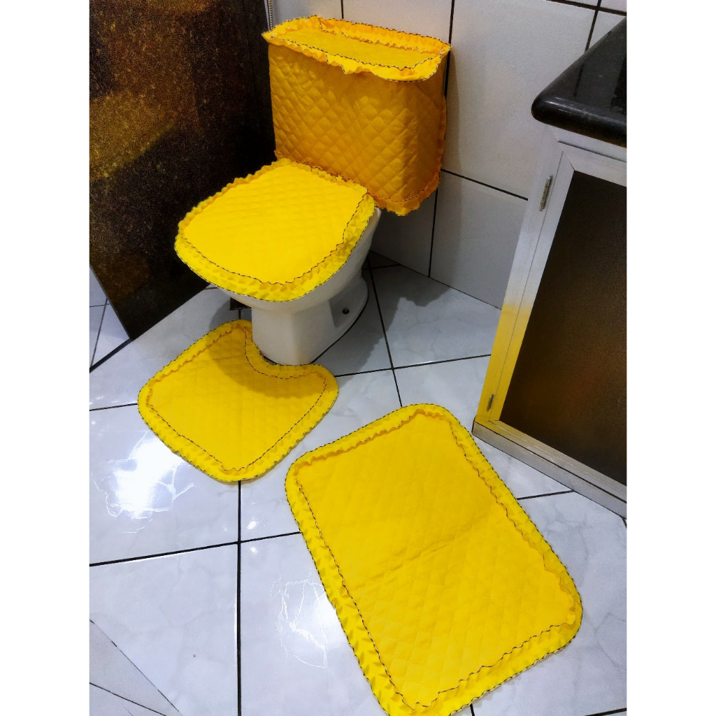 Jogo de banheiro liso 4 peças capa para caixa acoplada várias cores rosa azul amarelo tecido metalassê