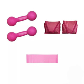 Kit Treino Rosa Academia Par Peso Halter Emborrachado 1 kg Rosa + Par Caneleira 1 kg Rosa + Elástico Mini
