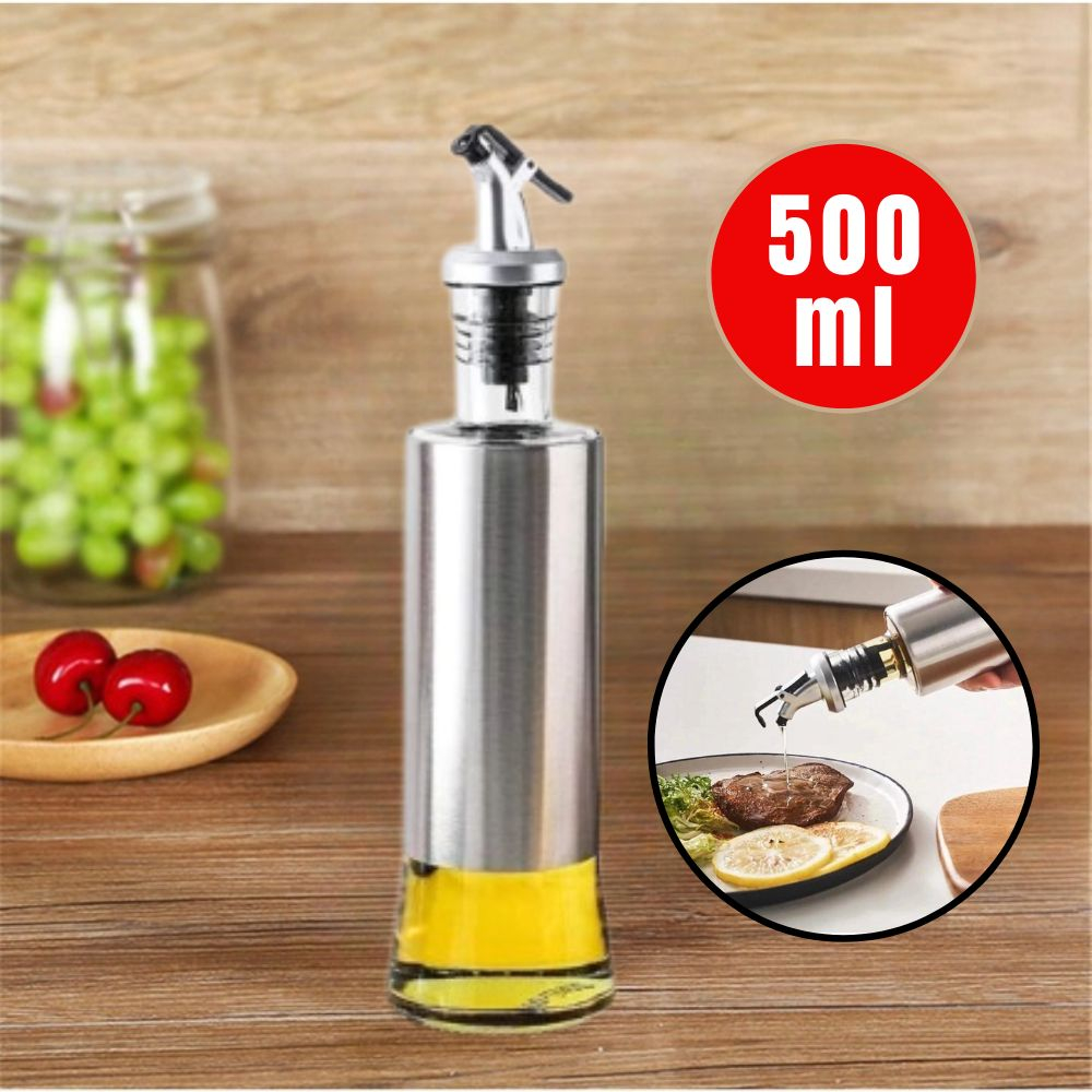 Galheteiro 500ml Porta Azeite e Vinagre de Vidro Premium e Aço Inox com Dosador 500ML