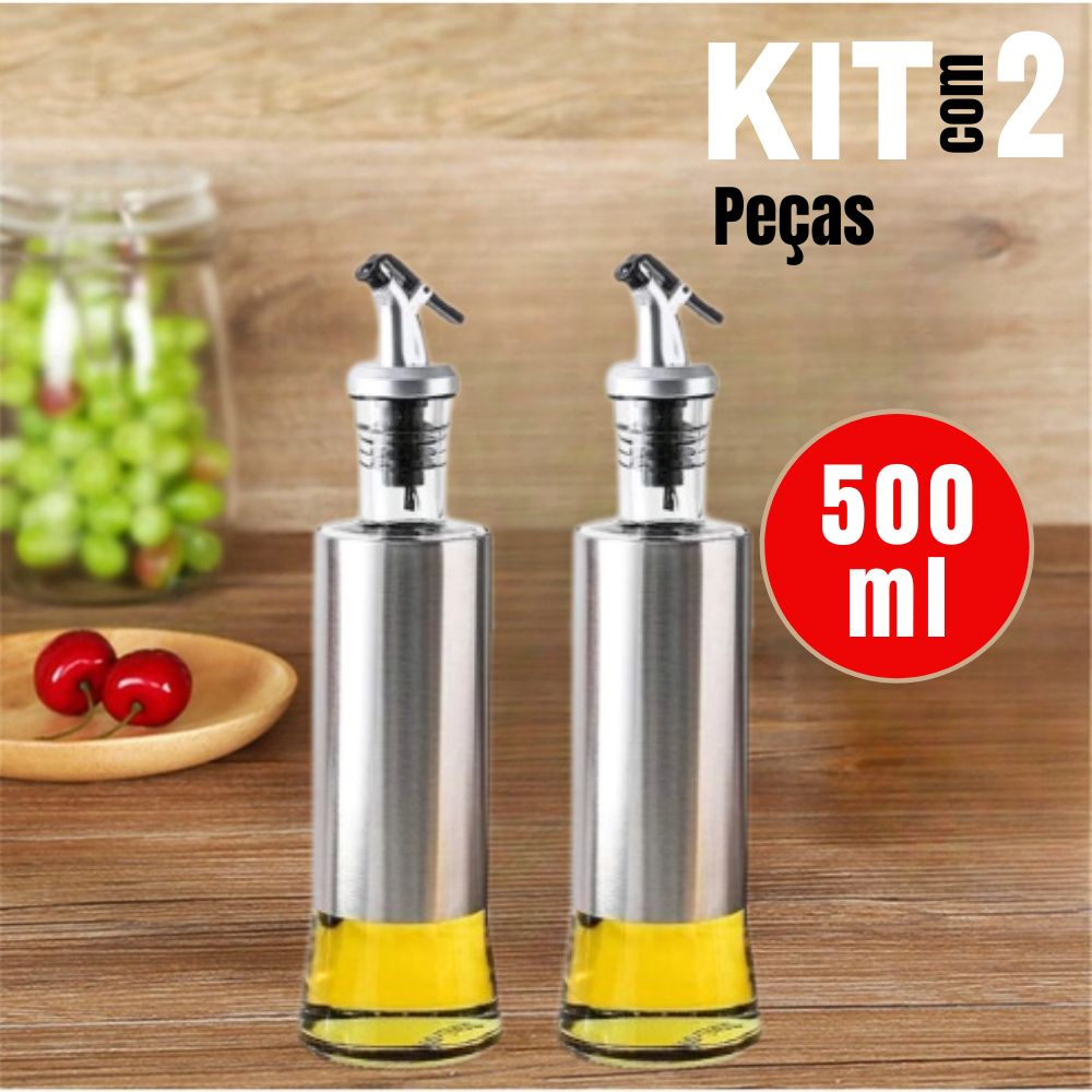 Kit Galheteiro 500ml Porta Azeite e Vinagre de Vidro Premium e Aço Inox com Dosador 500ML