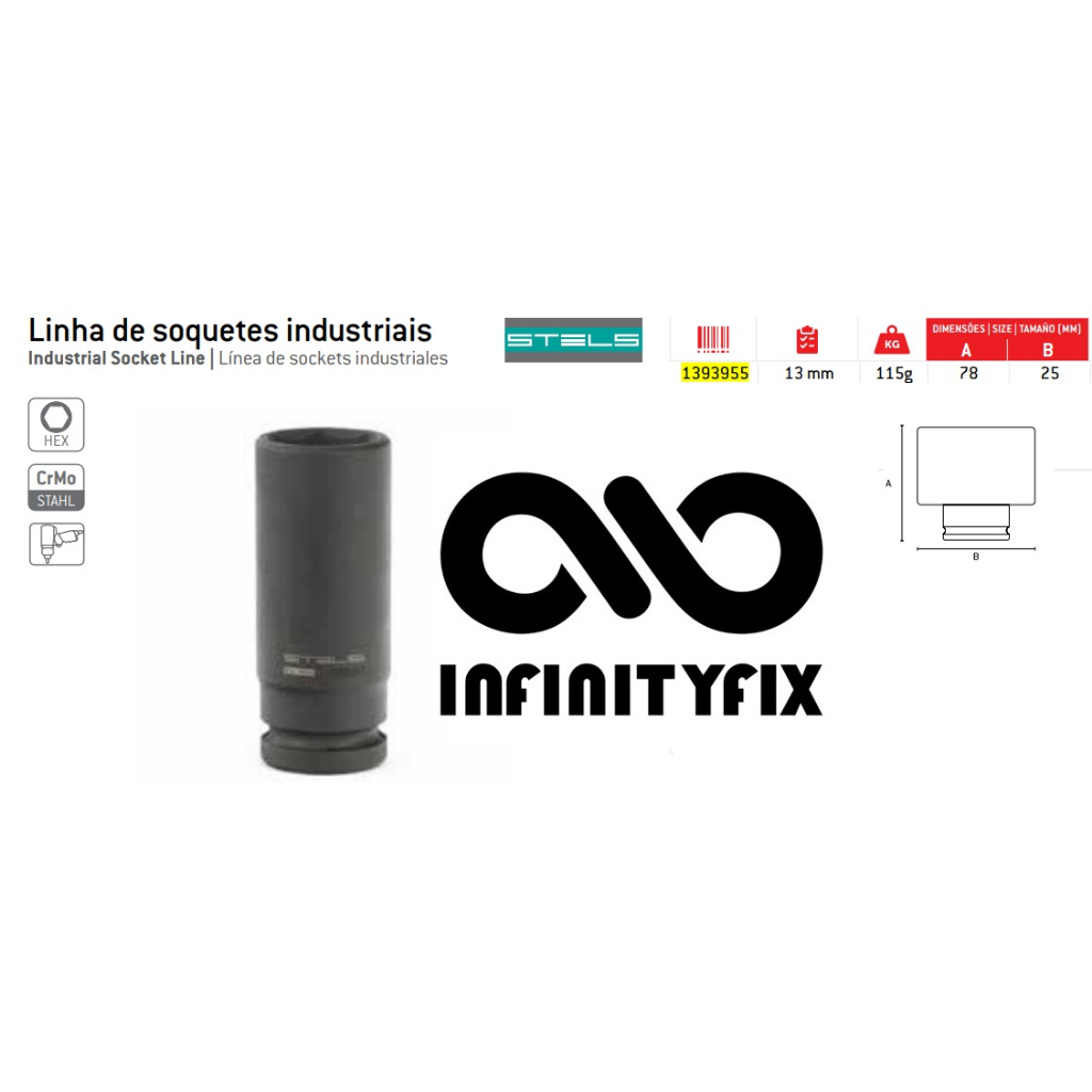 Chave Soquete de Impacto Sextavada 13mm - Modelo Longo - Encaixe de 1/2 Pol - STELS - PARA PNEUMATICA MAQUINAS DE IMPACTO