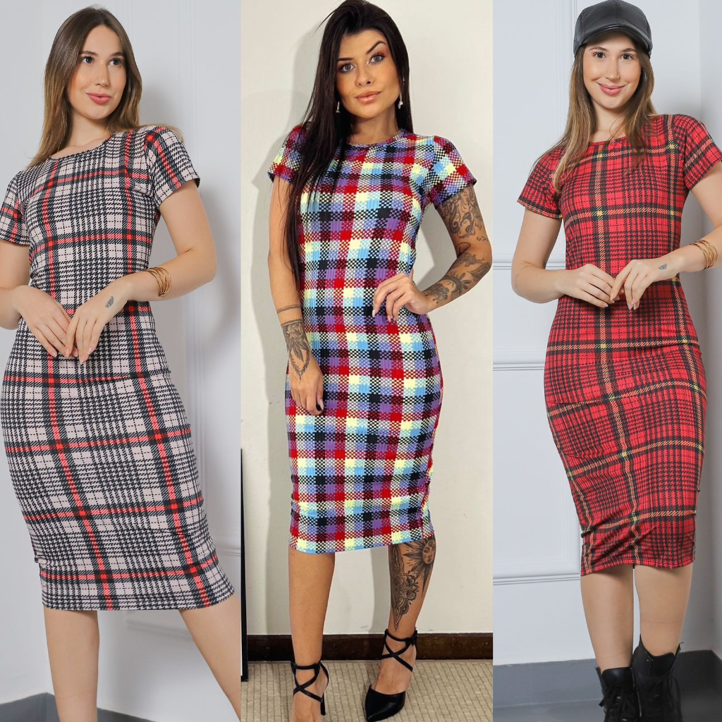 Vestido Midi Xadrez Manga Curta Colorido Moda Canelado Blogueira Inverno Moda Evangélico Gestante Festa Junina