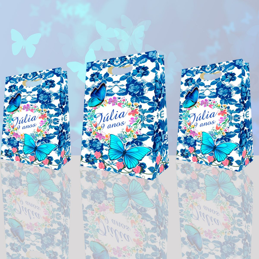 10 Sacolinhas Borboleta azul Sacola Surpresa Caixa Aniversário Lembrancinha Personalizada