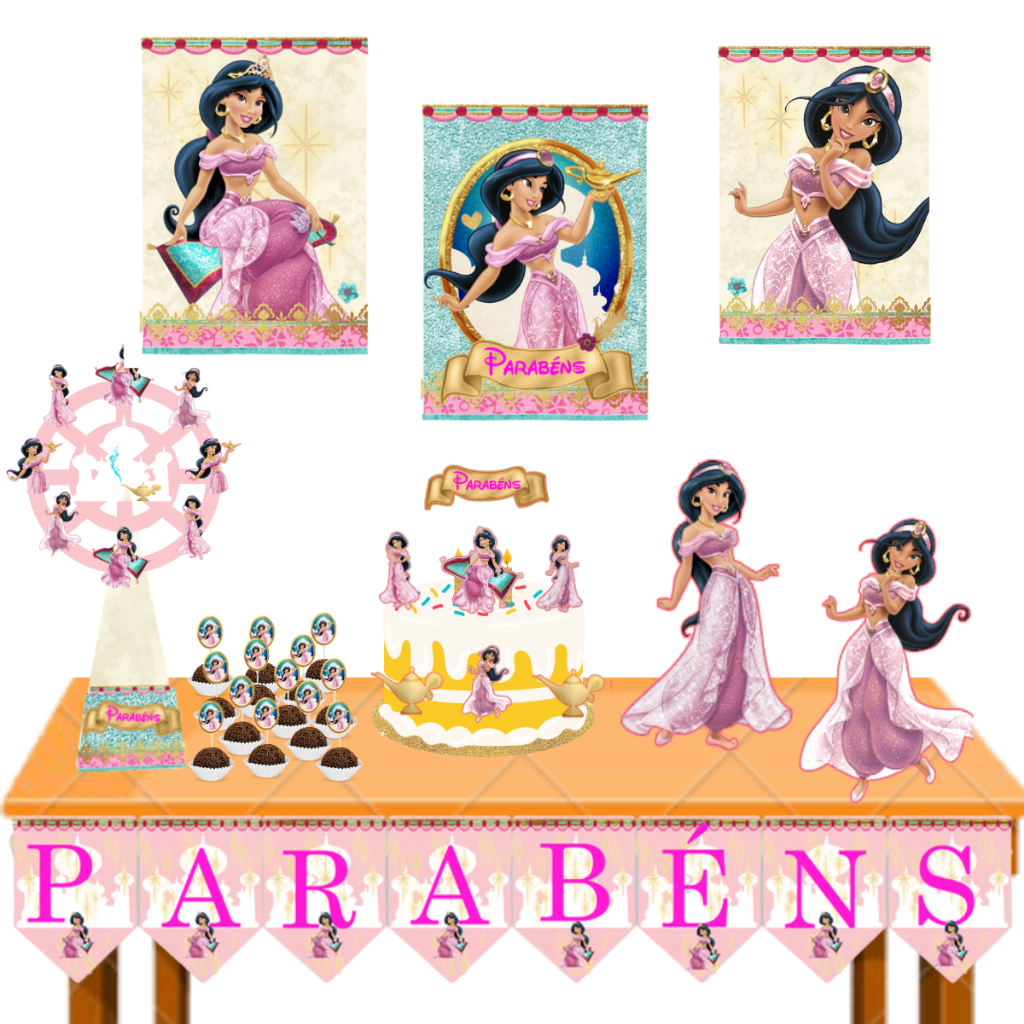 Kit decoração festa aniveersario princesa Jasmim monta facil topo de bolo + acessórios