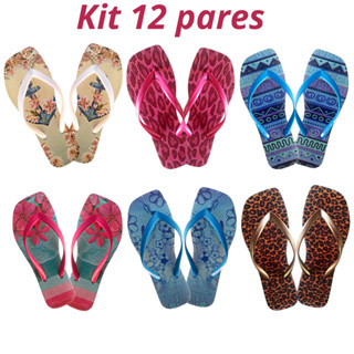 Kit 12 Pares Chinelos Feminino Quadrado Estampado