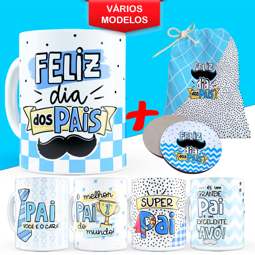 Caneca Dia dos Pais Lembrancinha Presente Personalizado Pai Padrasto Avô Avo Pet Porcelana Cesta Porta Copo e Saquinho