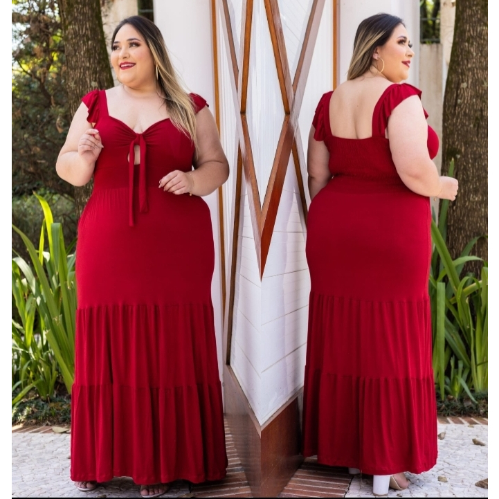 Vestido Plus size modelo Longo com babado cores lisa