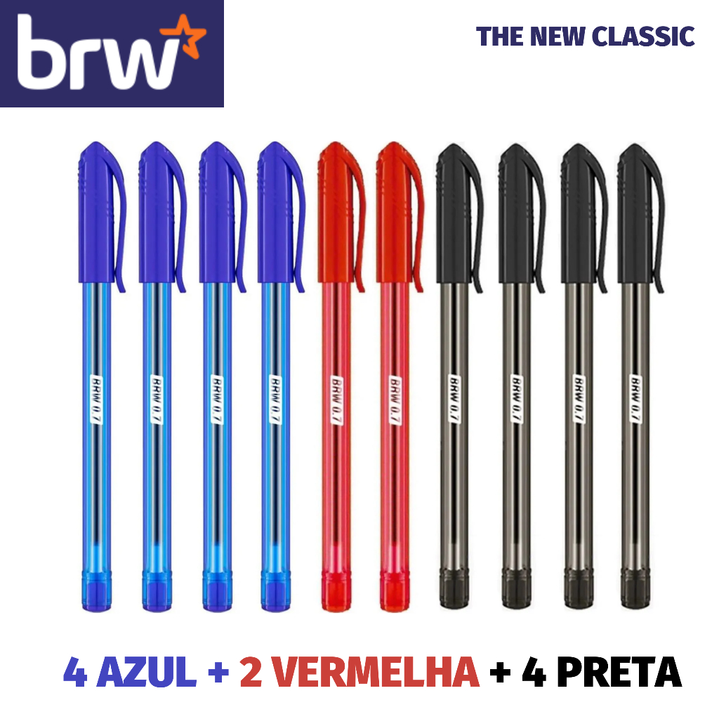 Kit Caneta Esferográfica BRW Ponta Fina 0.7mm Azul, Preta e Vermelha Triplet