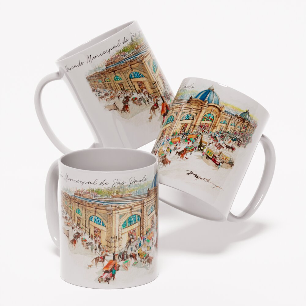 Caneca Mercado Municipal de São Paulo Década de 30 | Arte em Aquarela | Caneca Personalizada