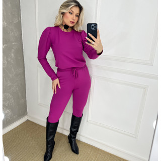 Conjunto Feminino Moletinho blusa manga princesa e elástico cintura calça