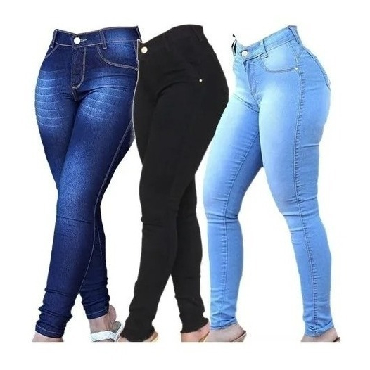 kit com 3 calças Jeans Feminina Skinny Cós Alto que empina Hot Pants Cintura Alta Com Lycra Strech