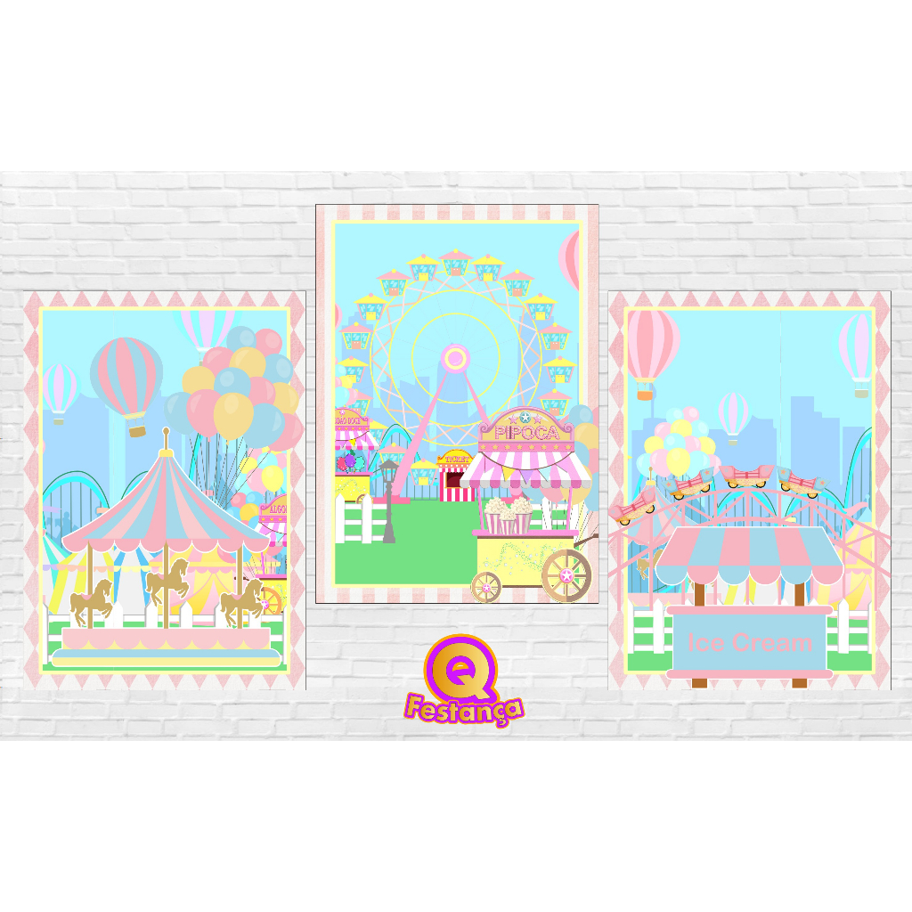 Poster Parque de Diversões Carrossel Cute 30x40cm - KIT COM 3 POSTER - Decoração Festa Aniversário tema Roda Gigante, Chá de bebê
