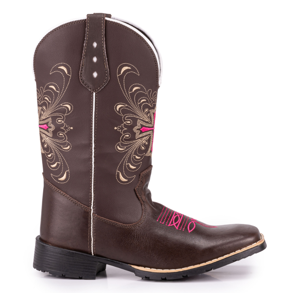 Bota Texana Feminina Country Bico Quadrado Em Couro Cruz Rosa